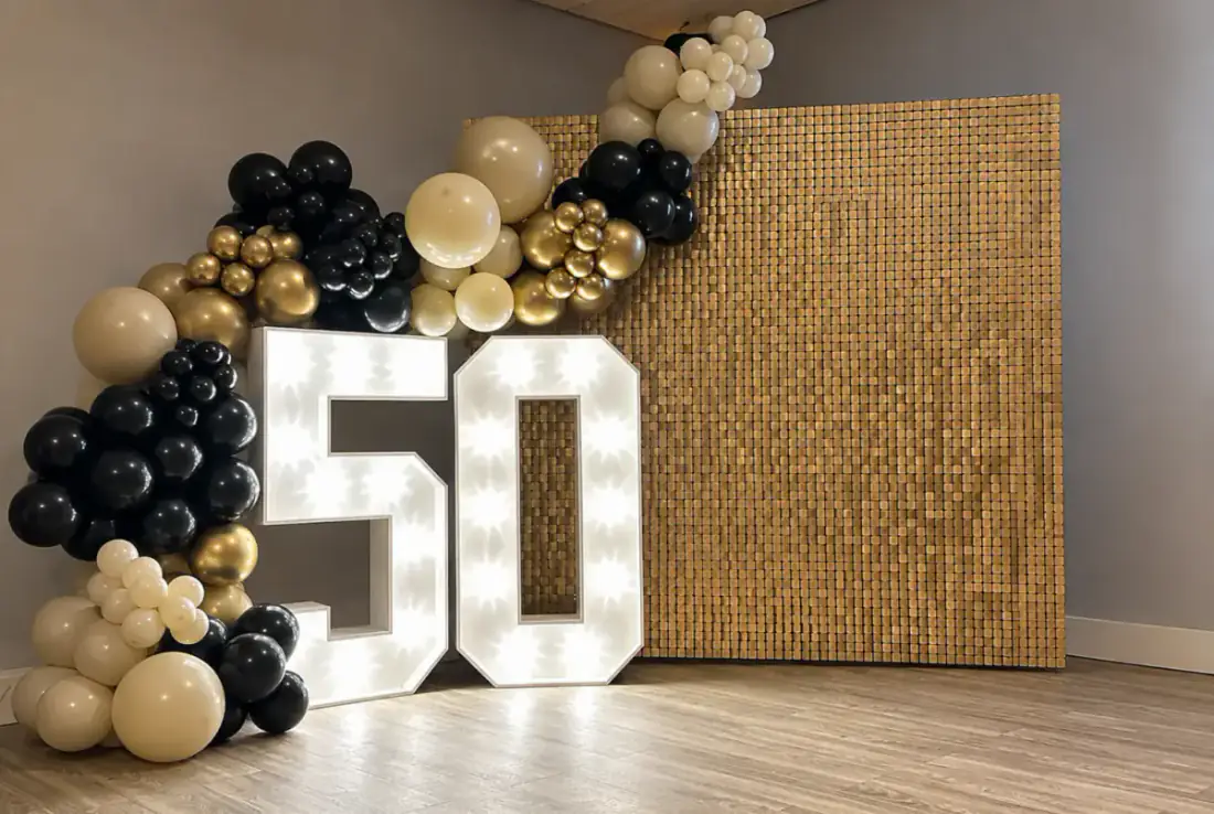 Light up 50 numbers with black gold and neutral balloon garland