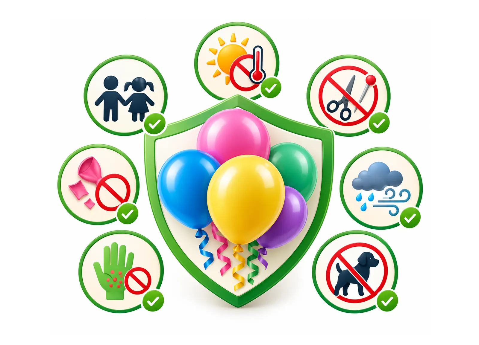 Balloon care and safety icons surrounding colourful balloons