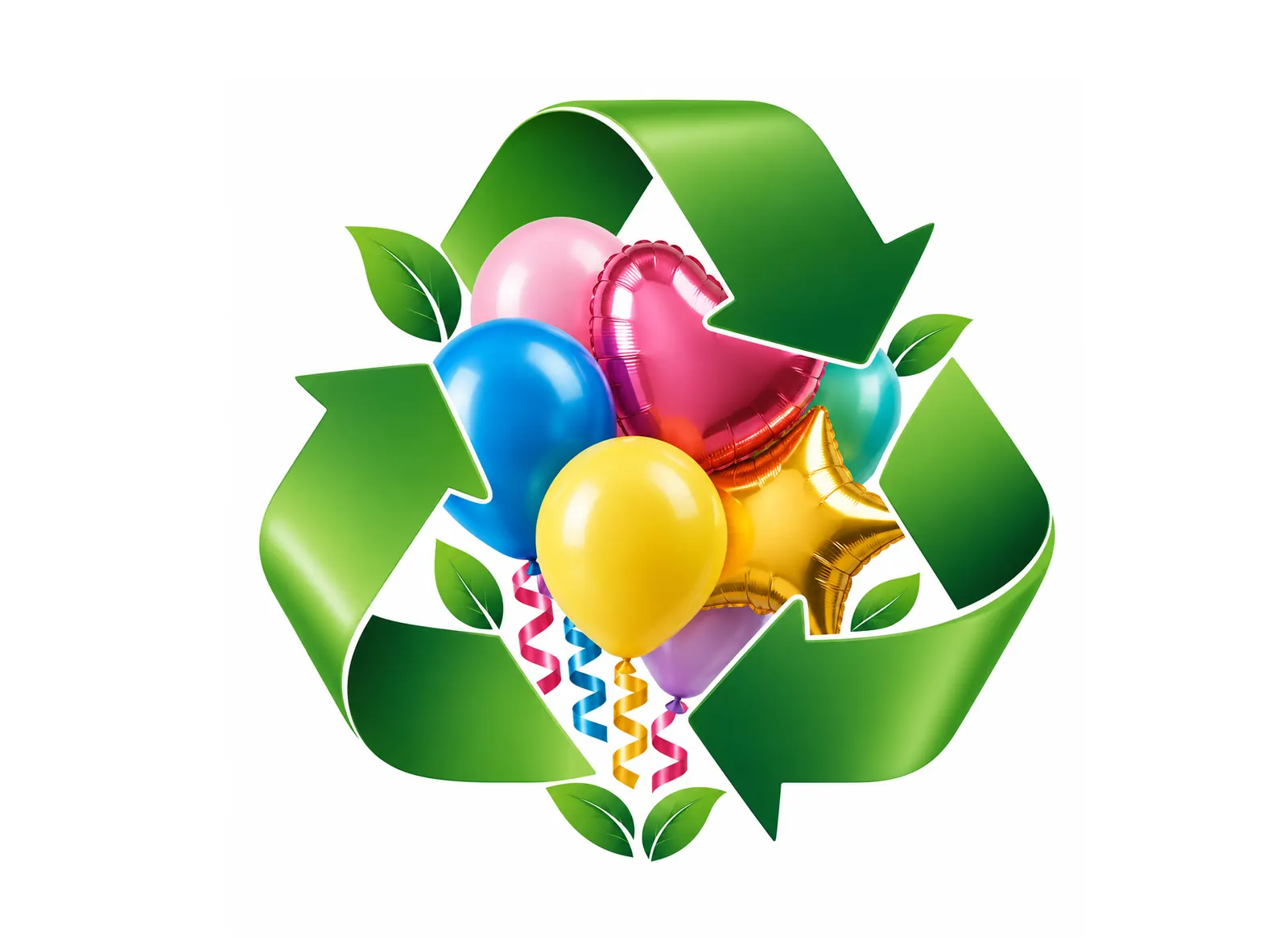 Colourful balloons surrounded by a green recycling symbol