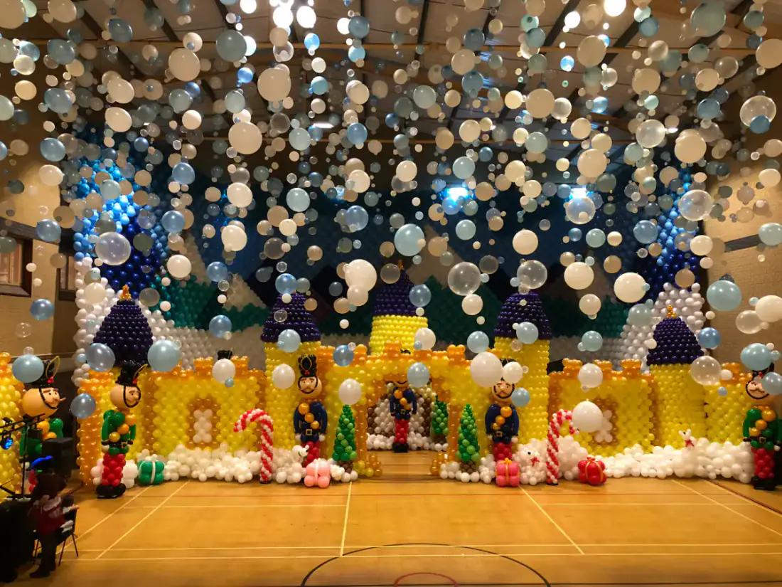 Wide view of The Castle Big Balloon Build with thousands of balloons