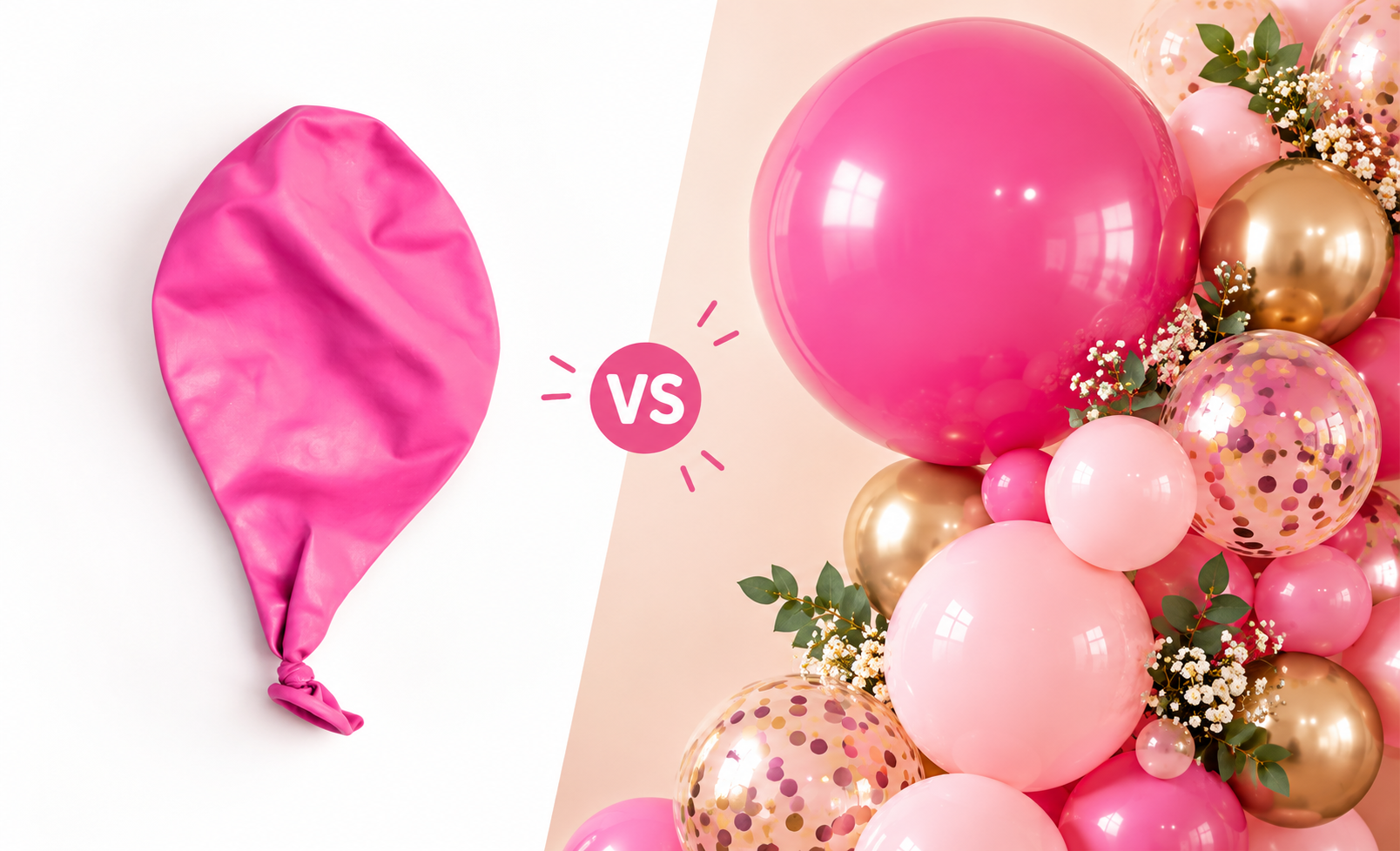 Deflated pink balloon compared with a styled pink and gold balloon display