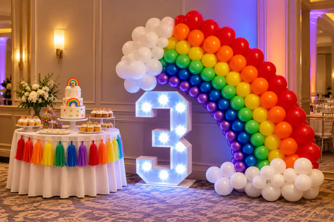 Rainbow balloon arch with light up number three