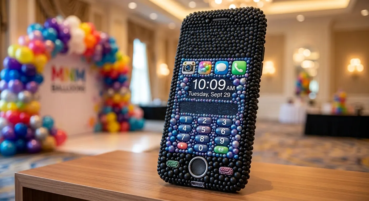 Balloon phone sculpture with colourful MnM Balloons backdrop