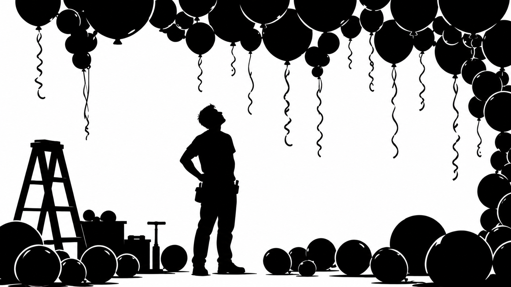 Silhouette of a balloon decorator surrounded by balloons, a ladder and tools