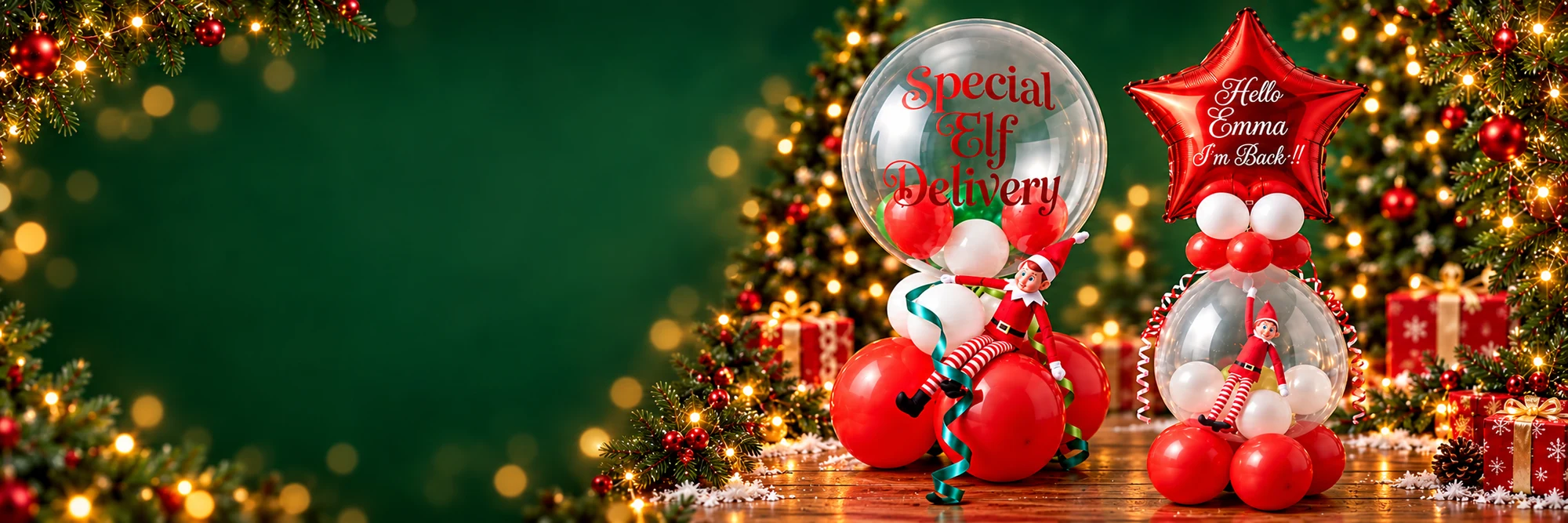 Special Elf Delivery and I'm Back festive balloon displays, each with a red elf