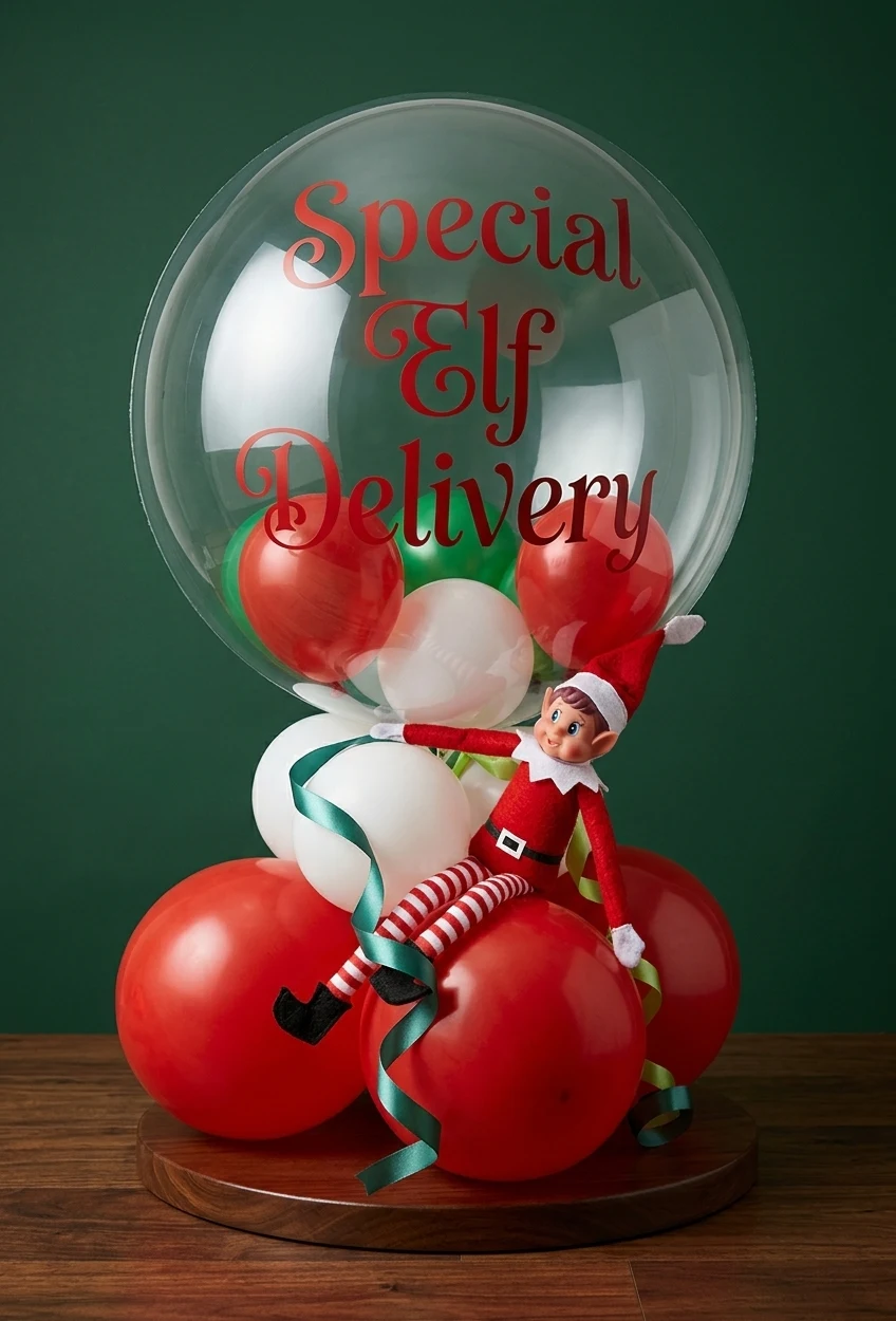 Special Elf Delivery display with clear personalised balloon, decorative balloons, ribbons and included red elf