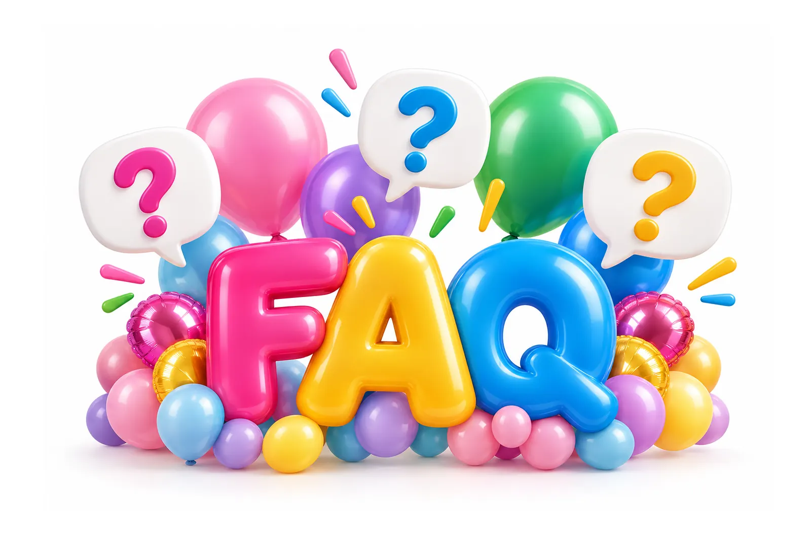 Colourful FAQ balloon letters with question mark speech bubbles