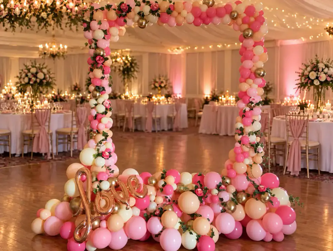 Pink and gold wedding balloon arch in a decorated reception room