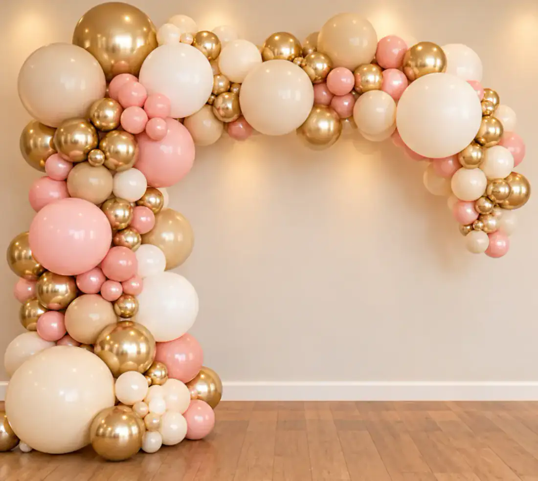 Blush white and gold organic wedding balloon arch