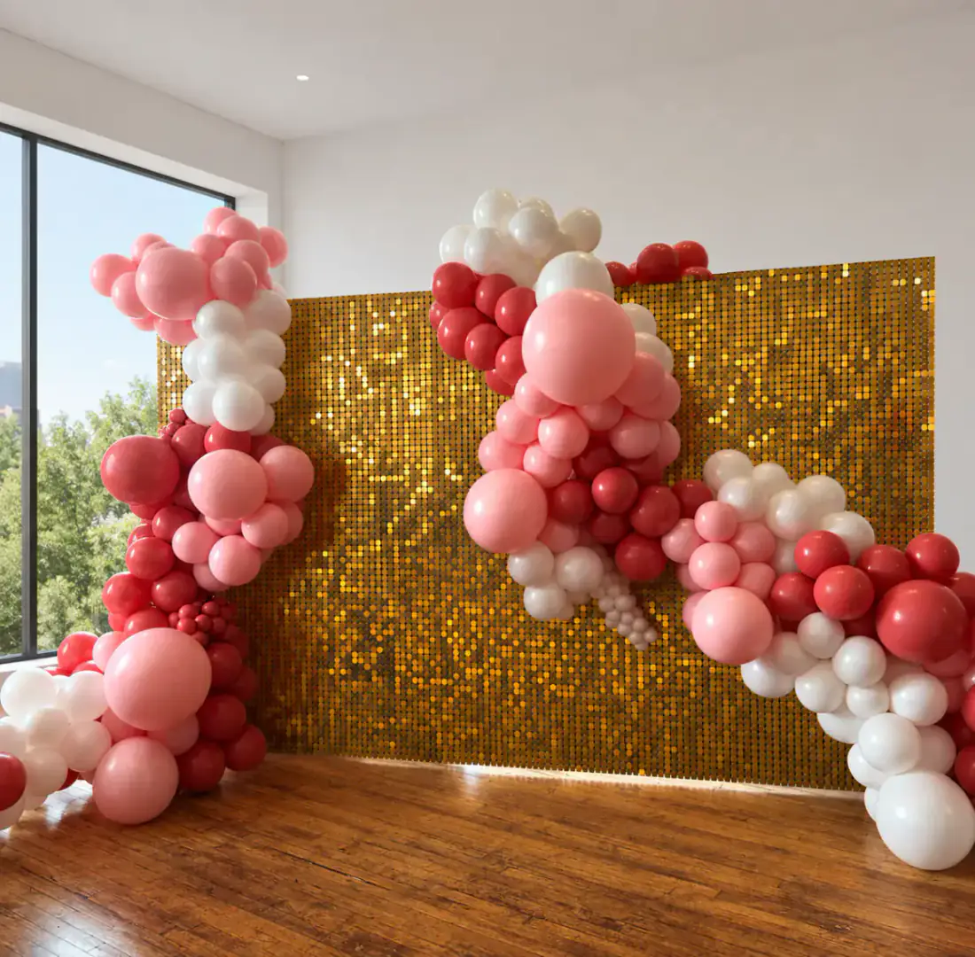 Pink red and white balloon arch with gold shimmer wall