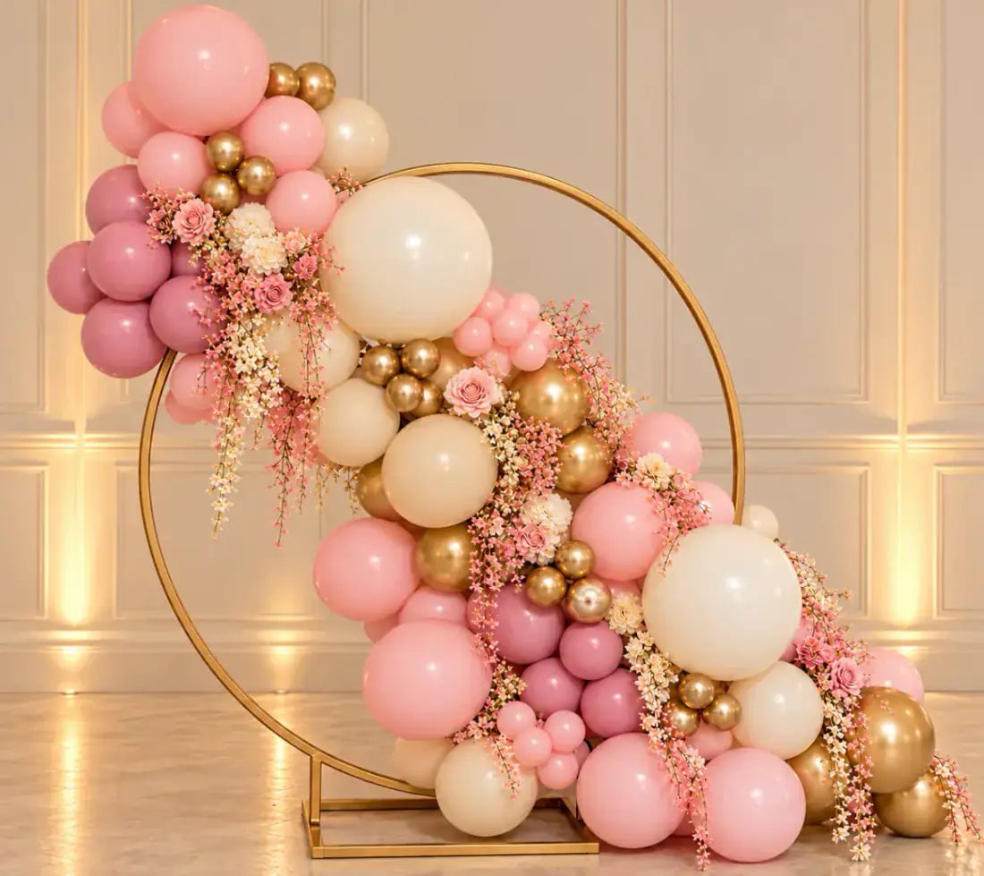 Pink white and gold romantic hoop balloon backdrop