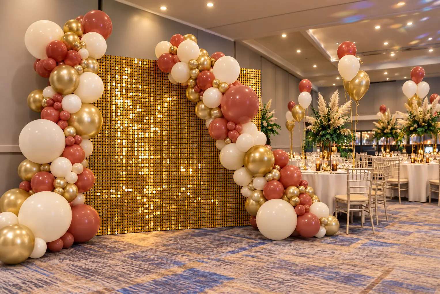 Gold shimmer wall with blush and gold balloon arch at a corporate event