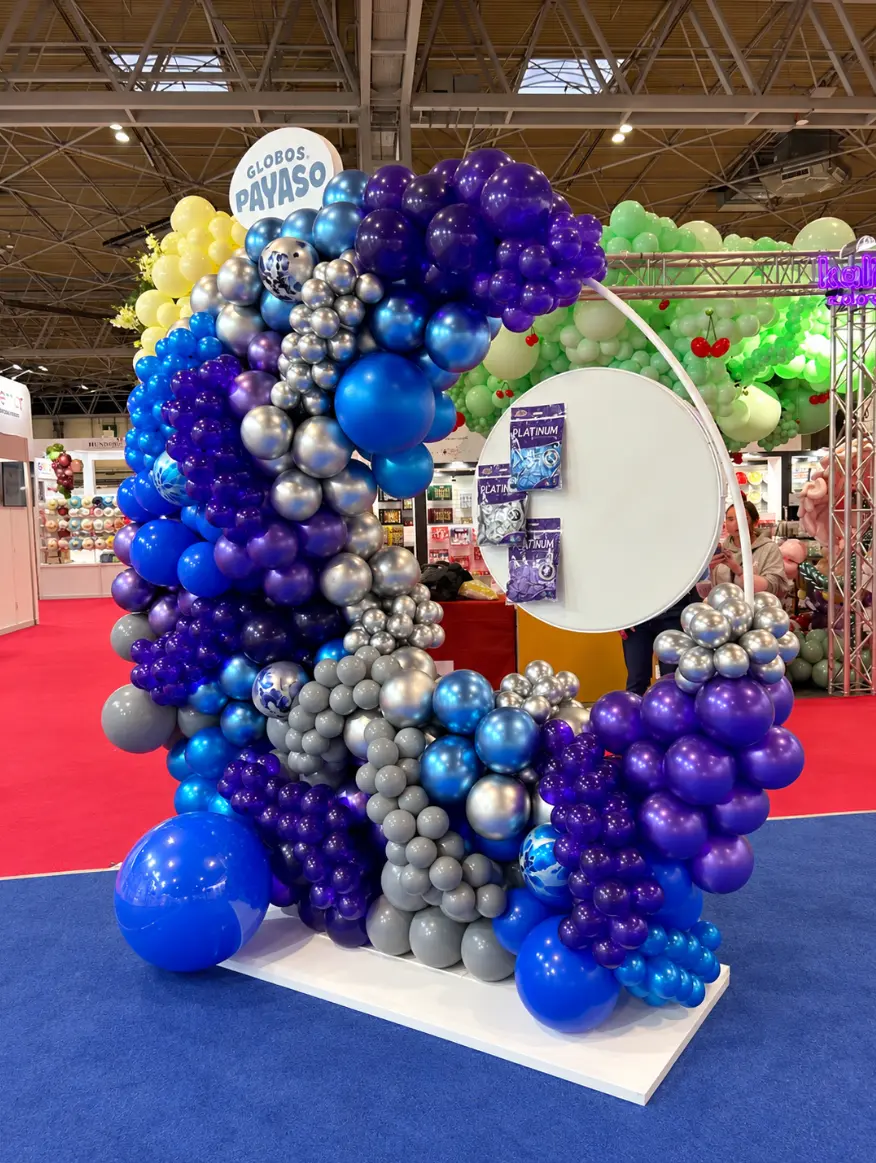 Blue, purple and silver balloon exhibition photo display with circular board