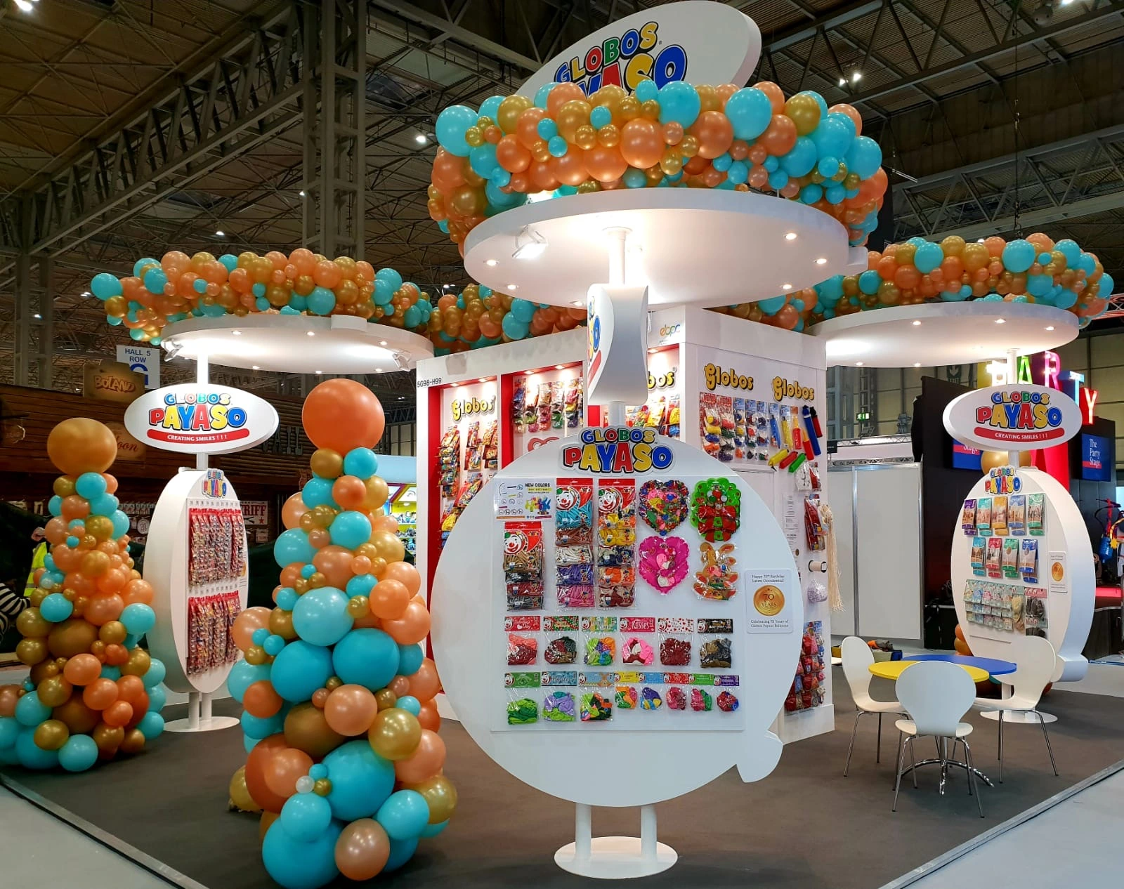 Colourful balloon installation wrapped around an exhibition stand