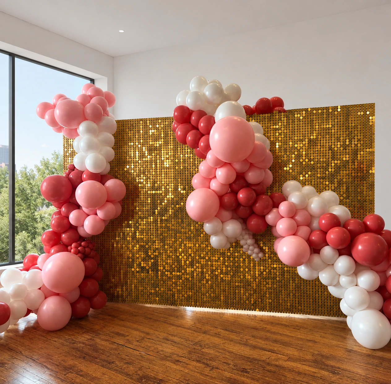 Gold shimmer wall with pink, red and white prom balloon arch
