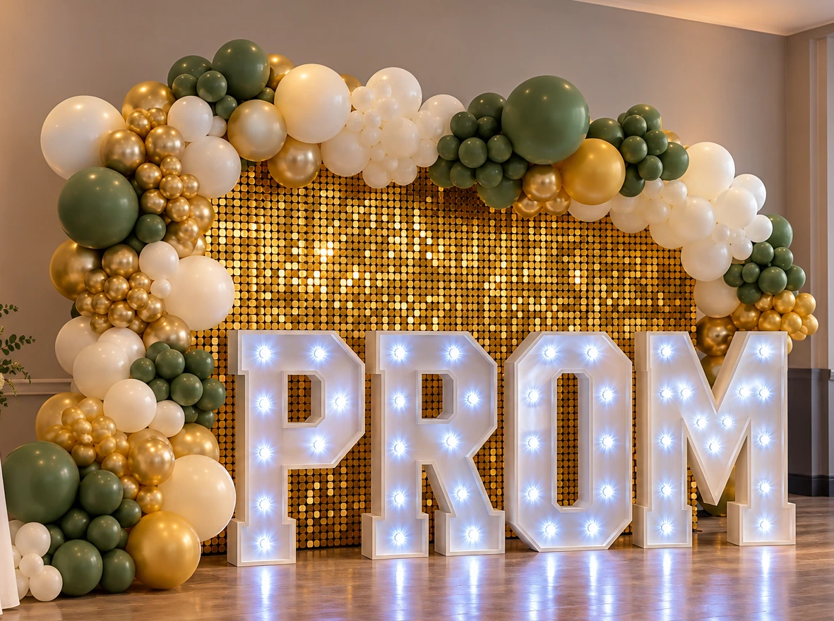 Gold shimmer prom backdrop with light up PROM letters and balloon arch